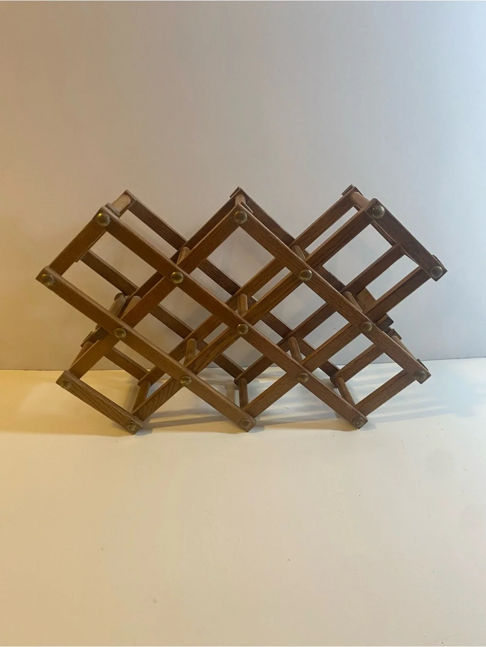 Vintage Solid Oak Wood 8 Bottle Accordion Folding Wine Rack 14”x22”